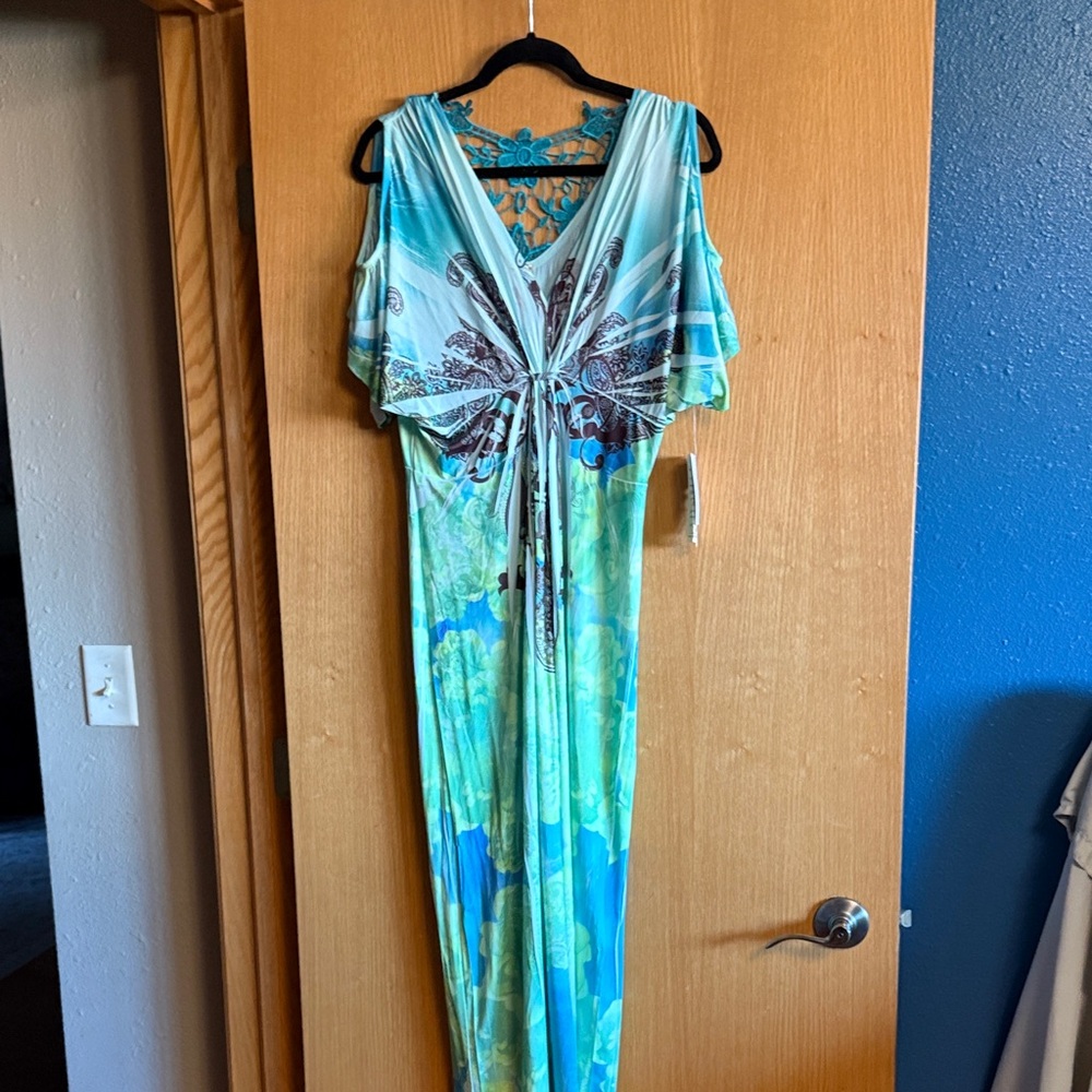ONE WORLD Teal and Brown Patterned Dress